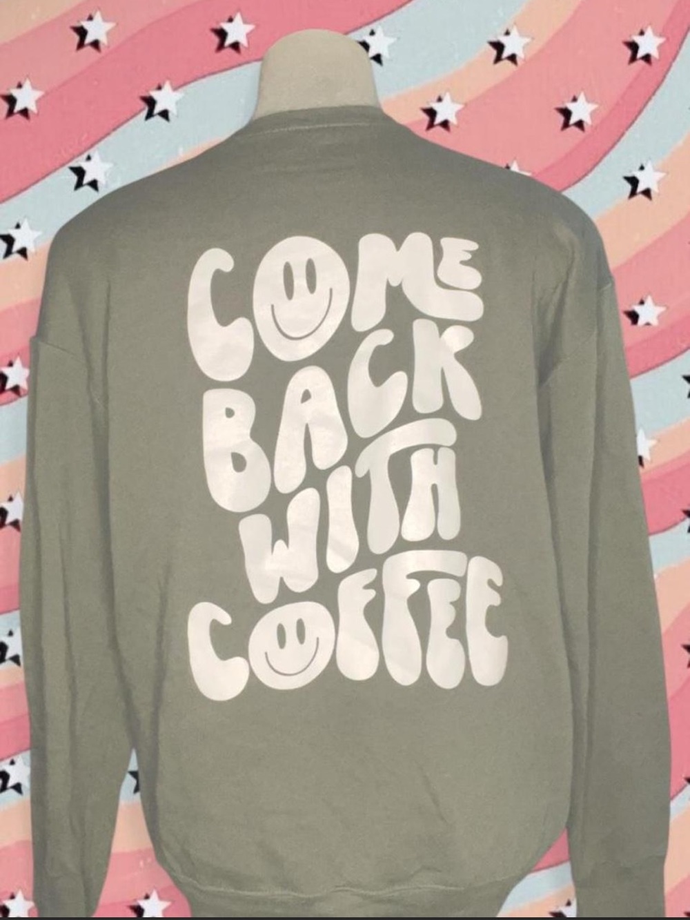 green and white alley & rae brand sweatshirt with smiley face graphic and text